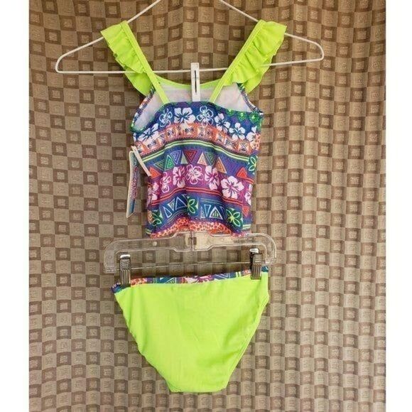 Girls Swimwear Tankini 2 piece Yellow Graphic Ruffle Toddler Size 4-5 NWT - Picture 3 of 6